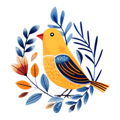 Premade postcard with bird and plants. Hand drawn bird in the traditional ethnic folklore style.