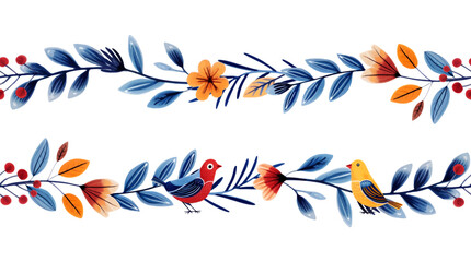 Hand drawn borders with leaves and birds for invitations, posters and cards in ethnic style. Seamless leaf border.