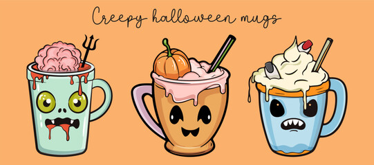 Happy Halloween set of cute creepy mugs with face. Vector illustration in cartoon style. 