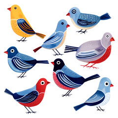 Set of hand drawn birds in the traditional folklore style. Bright birds vector collection
