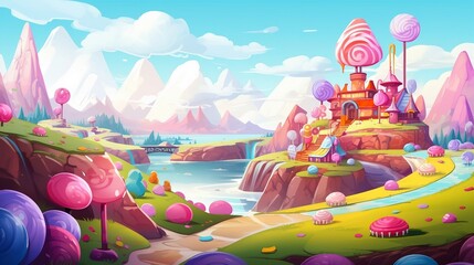 An illustration of candy land with a castle and candy lollipops AI Generated