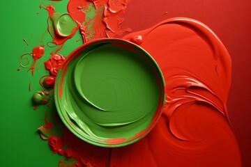  a vibrant painting featuring a red and green color scheme with a prominently displayed green bowl