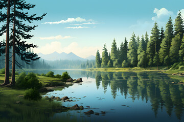 A tranquil lake surrounded by trees representing peace
