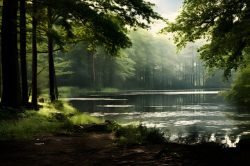 A tranquil lake surrounded by trees representing peace