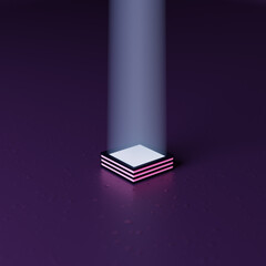 Conceptual 3D artwork of a glowing light cube emitting a bright light beam into the sky with pink lights on the side on a clear violet surface