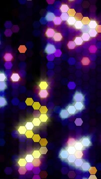 Hexagons loop, like flashing LED lights. For technology themes or music and dance visuals or Christmas. Vertical video.