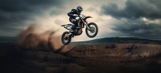 motorcycle stunt or car jump. A off road moto cross type motor bike, in mid air during a  jump with a dirt trail. Wide format. hand edited generative AI.
