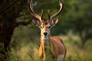 close up portrait of deer in the forest with large and strong antlers, animal life in the forest