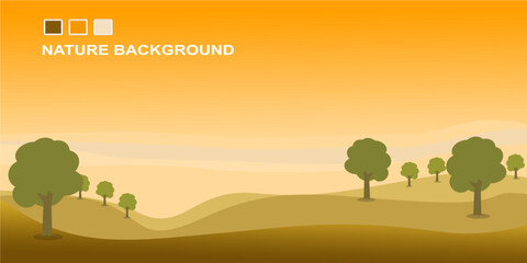 Nature landscape vector illustration with cartoon style. Beautiful spring landscape cartoon with green grass and orange sky.