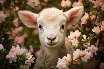 Fototapeta premium sheep with flowers on background