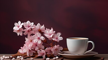 Fototapeta na wymiar close up a cup of coffee with pink flower branch bouquet, Generative Ai