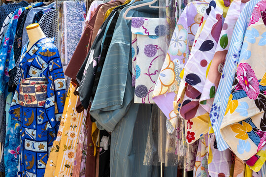 Colorful Japanese kimonos on a clothes rack