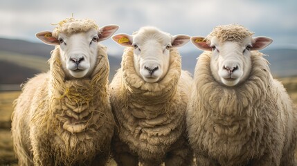 Fototapeta premium happy 3 sheep standing in nature field, Generative Ai