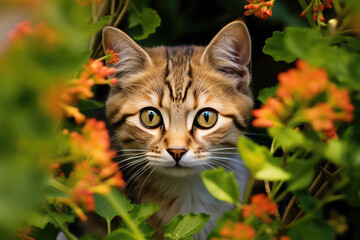 cat with flowers on background