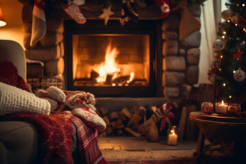 A cozy Christmas scene with a fireplace and stockings