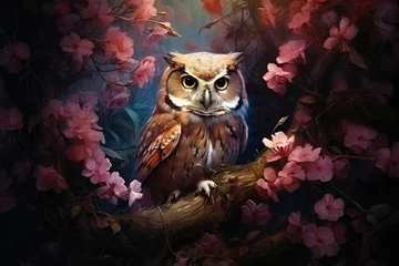 Zelfklevend Fotobehang owl with flowers on background © Tidarat