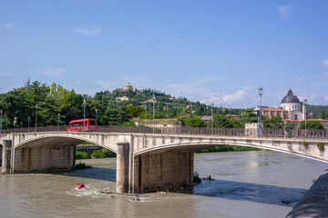 View of Santuario della Madonna di Lourdes from the ponte Garibaldi, Verona, Italy. 
