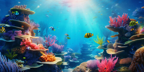 Fototapeta na wymiar coral reef and fishes, coral reef and fish, school of fish