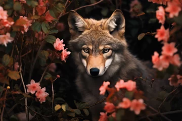 Schilderijen op glas wolf with flowers on background © Tidarat