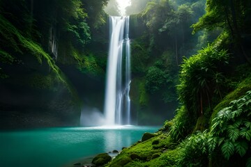 Fototapeta na wymiar An Areal View of a Lush Jungle with Waterfall and Fog - AI Generative