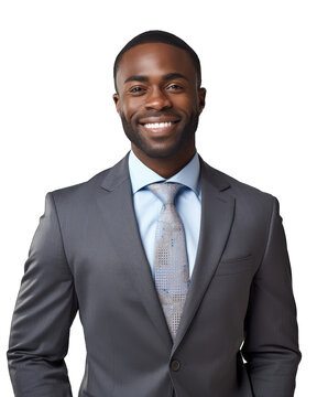Beautiful African American businessman in suit, smiling, isolated on white transparent background, png