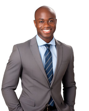 Beautiful African American businessman in suit, smiling, isolated on white transparent background, png