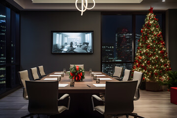 a modern contemporary office meeting room with christmas tree