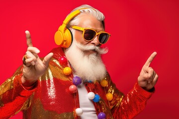 Festive Santa. The cheerful and stylish elderly gentleman brings the spirit of Christmas to life in a trendy red outfit, adding a touch of modernity to the traditional celebration.