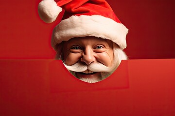 A portrait of a cheerful Santa Claus decorates the stage. Dressed in his signature red suit and iconic hat, he embodies the spirit of Christmas.