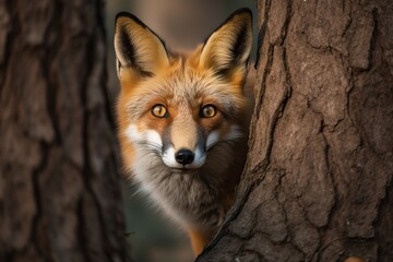 fox peeking out from behind a tree in a whimsical forest setting