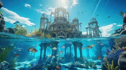 ambient fantasy sunken kingdom palace with fish swimming coral reef, fairytale mermaid kingdom 
 background wallpaper, Generative Ai