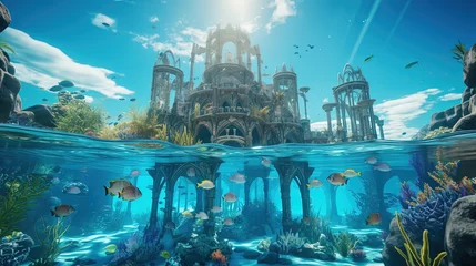 ambient fantasy sunken kingdom palace with fish swimming coral reef, fairytale mermaid kingdom   background wallpaper, Generative Ai