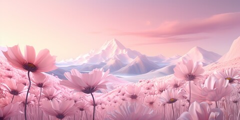 painting style illustration of beautiful pink cosmos flower field with highland mountain ridge, Generative Ai