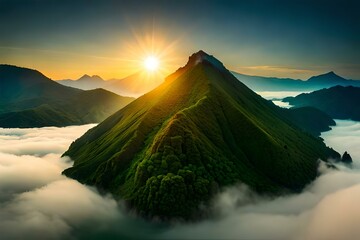 Fototapeta premium An areal view of a volcano nestled in a jungle - AI generative