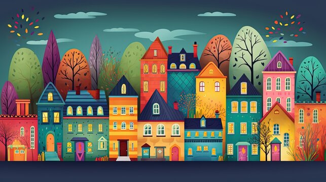 cute cartoon town, colorful urban city children art style illustration, idea for adorable background wallpaper,  Generative Ai