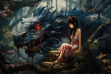 girl with dragon on background