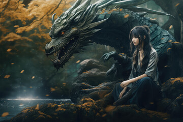 girl with dragon on background