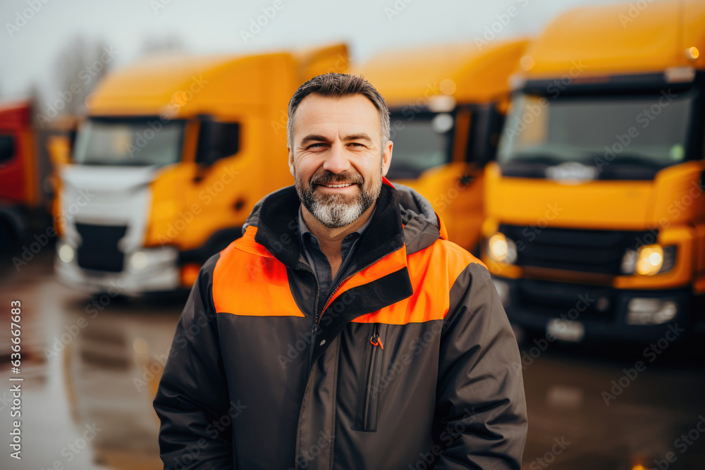 Wall mural trucker posing amidst a row of parked trucks