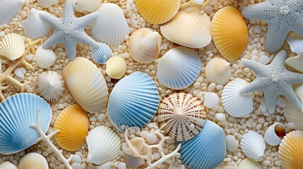 top view abstract background of seashells and starfish on sandy beach, fine grain and dry sand beach, Generative Ai - obrazy, fototapety, plakaty
