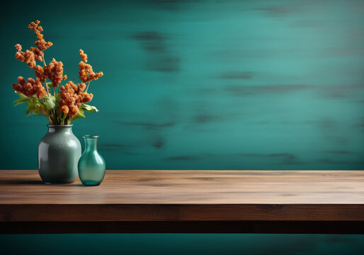 Empty wooden tabletop with turquoise blue studio background. Ai Generated Images