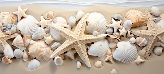 top view  abstract background of seashells and starfish on sandy beach, fine grain and dry sand beach, Generative Ai