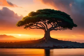 Foto op Plexiglas An awful landscape with a big Banyan Tree - AI generative © Being Imaginative