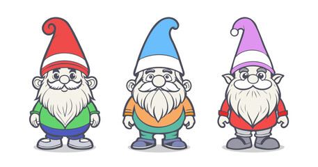 Vector set of cute funny comical little fairy tale cartoon colored gnomes with beards and mustaches. White isolated background.