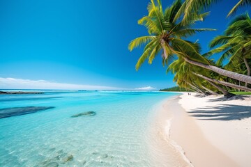 Fototapeta na wymiar Panorama of beautiful tropical beach. Tropical beach with coconut palm trees and turquoise sea. Palm tree on tropical beach with turquoise water and white sand.