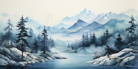 Fototapeta na wymiar Mountain Peaks minimalist watercolor landscape art 