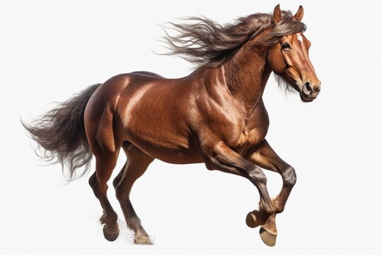 hyper realistic brown horse galloping on white background, Generative AI