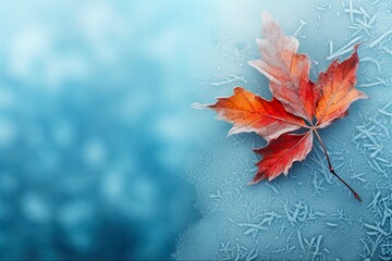 Blue Frost Background with Autumn Leaves in Shades of Red, Yellow and Orange, Capturing the Beauty of Fall in an Icy Season: Generative AI