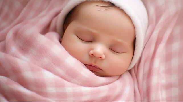 Adorable Newborn Baby Girl Wrapped in Soft Pink Plaid. Beautiful Caucasian Baby Girl Asleep in Studio Bed with Care and Love. Generative AI