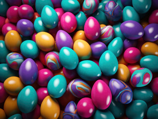 Fototapeta na wymiar Decoration of many colorful Easter eggs as background in top view