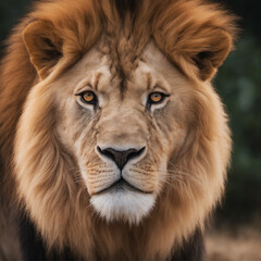 frontal picture of a majestic lion in the savannah